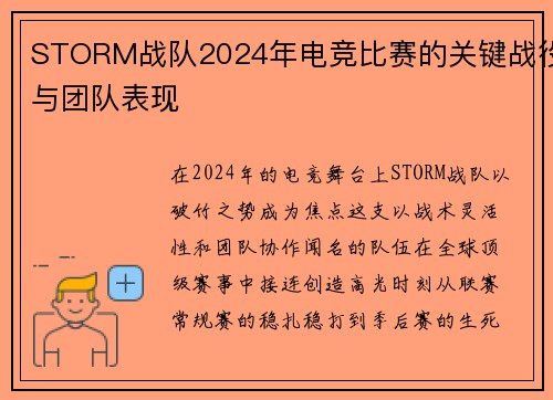 STORM战队2024年电竞比赛的关键战役与团队表现